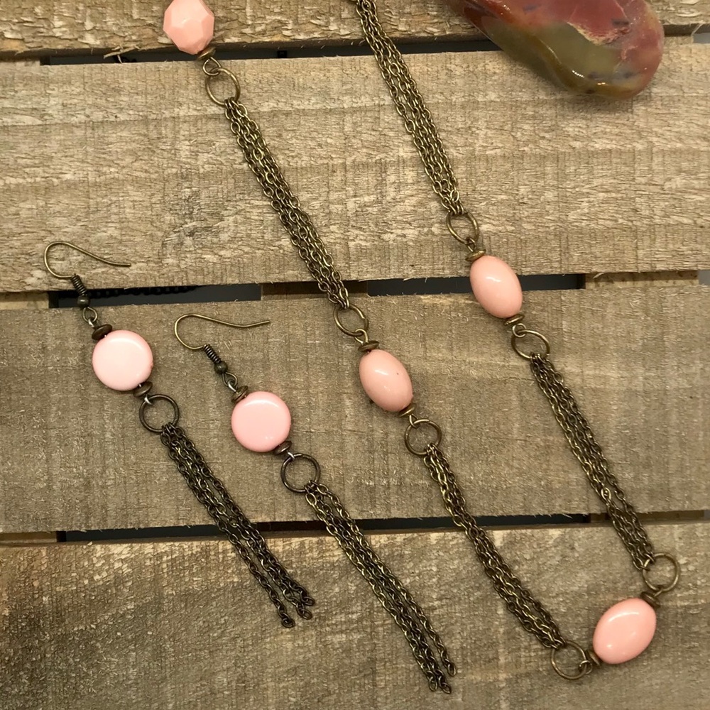 Pink Earrings Necklace Handmade Repurposed Vintage